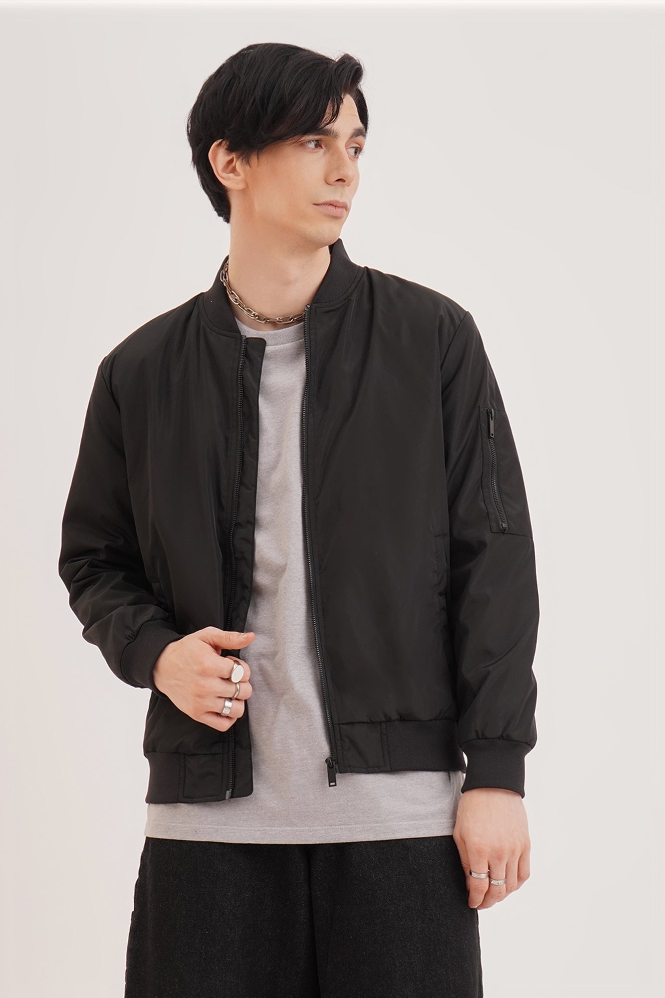 Bomber Jacket with Quilted Lining and Sleeve Pocket