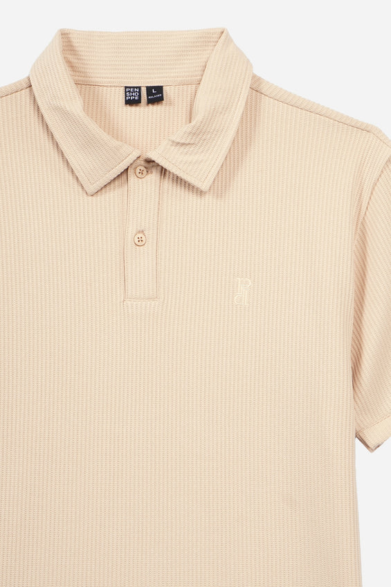 Relaxed Fit Waffle Knit Polo with Embroidery