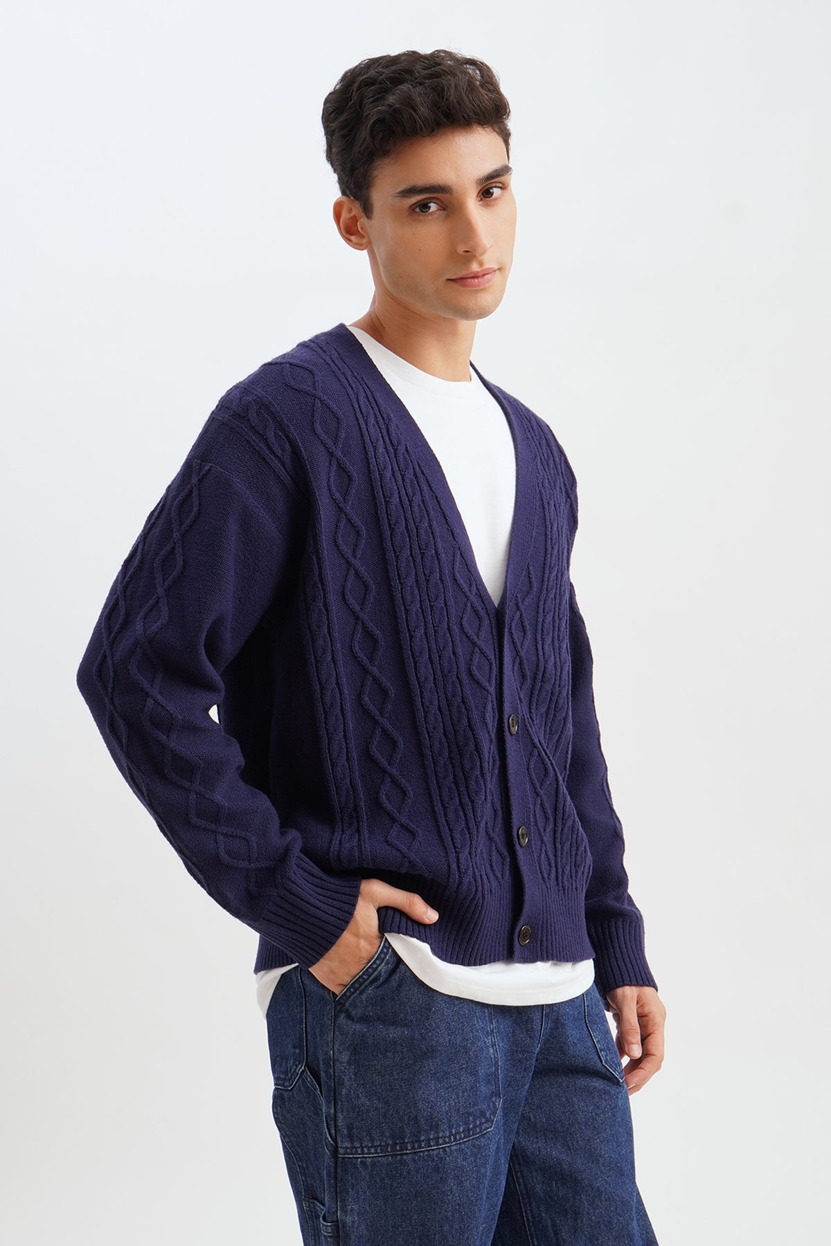 CABLE KNIT CARDIGAN - Navy blue