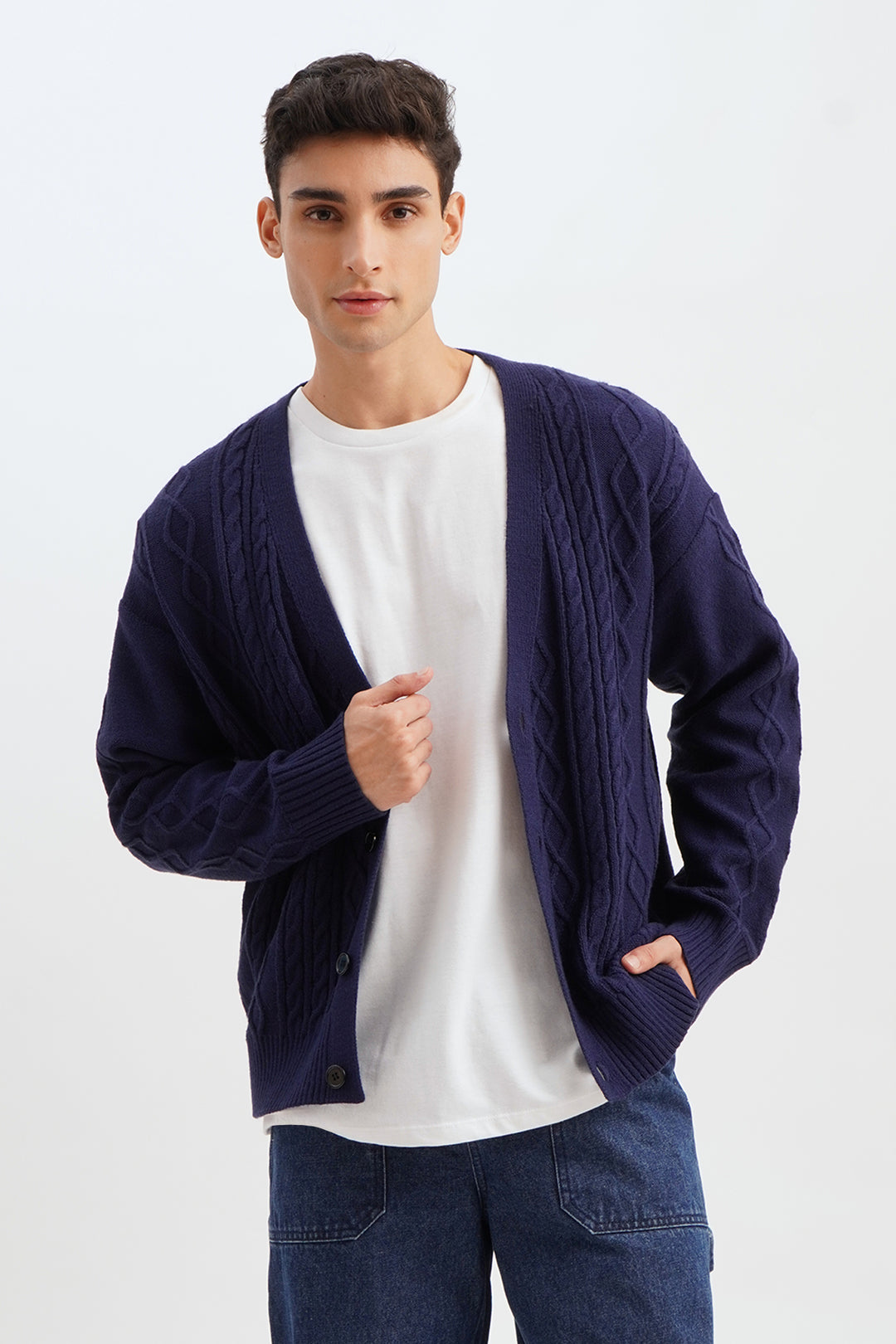 CABLE KNIT CARDIGAN - Navy blue