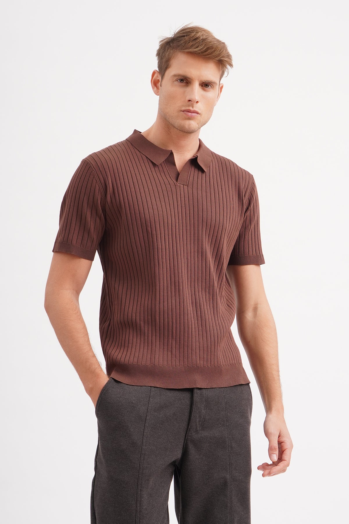 Ethan Ribbed Knitted Polo Top - Brown – Nobl