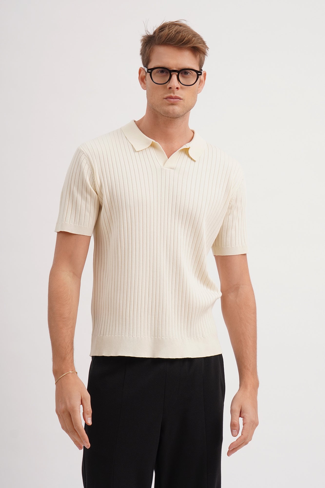 Dress Code Relaxed Fit Ribbed Knit Polo with Open Collar